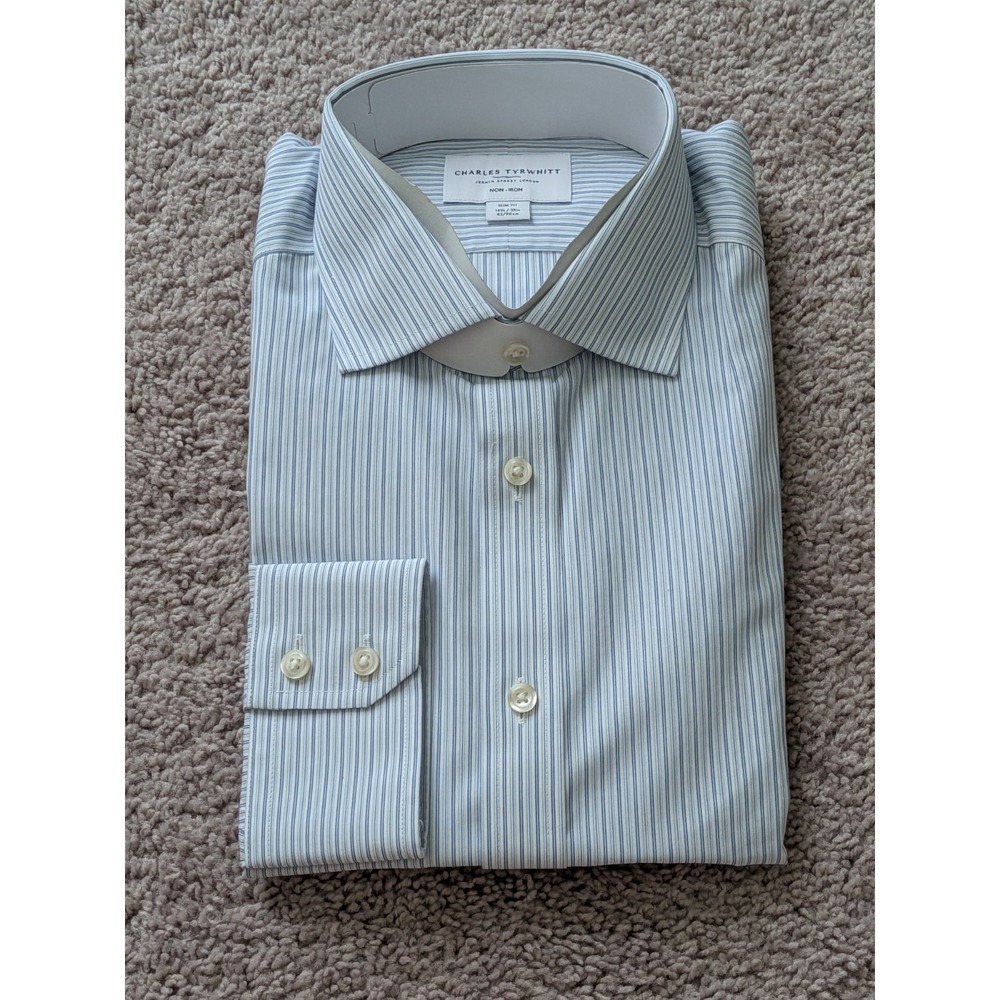 Charles Tyrwhitt Shirt 16.5/38 Mid Blue Double Stripe Slim Fit Non Iron NWT